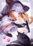  1girl animal_ears black_dress black_hood black_nails blue_eyes brown_hair buttons cat_ears detached_sleeves dress fake_animal_ears from_side grin gwen_(league_of_legends) hands_up heterochromia highres hood hood_up league_of_legends looking_at_viewer nail_polish paw_print pink_eyes smile solo soul_fighter_gwen striped_sleeves teeth usagi_(3828164) white_background white_hair 