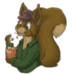  acorn alpha_channel anthro arcan_(character) blue_eyes brown_body brown_fur clothed clothing eating flinters food fruit fur hat headgear headwear male mammal nut_(fruit) plant rodent sciurid simple_background solo transparent_background tree_squirrel 