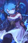  1girl absurdres bare_shoulders black_bow black_dress blue_eyes blue_hair bow breasts detached_sleeves dress drill_hair grey_dress gwen_(league_of_legends) hair_bow highres league_of_legends long_hair medium_breasts monakan_japan one_eye_closed purple_background solo twin_drills twintails 