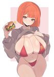  1girl bikini breasts brown_eyes brown_sweater burger closed_mouth clothes_lift commentary curvy english_commentary food highres holding holding_food huge_breasts lifted_by_self mature_female mcdonald&#039;s micro_bikini mother_(yoru_mac) navel orange_hair smile solo stomach sweater sweater_lift swimsuit wide_hips yoru_mac yoshiikirablr 