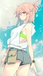  1girl akino_sora ass bag bare_shoulders breasts highres looking_at_viewer pink_hair ponytail red_eyes sakurai-san_wa_kizuite_hoshii sakurai_sakuya short_hair short_shorts shorts shoulder_bag sideboob sleeveless solo watch 