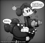  anthro big_breasts big_butt black_body blush bottomwear breasts butt clothing disney duo face_on_butt female flower gloves handwear hat headgear headwear hi_res huge_butt male mammal mickey_mouse minnie_mouse monochrome mouse murid murine plant rodent skirt spanish_text text thedeathcrow05 