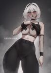  1girl abs aelion_draws alternate_costume artist_name ass_visible_through_thighs black_lips black_pants blue_eyes breasts cleavage clothes_lift contemporary cross_pasties english_commentary english_text gothic highres looking_at_viewer mole mole_under_mouth nier:automata nier_(series) nipple_slip nipples one_eye_closed pants parted_lips pasties patreon_username shirt_lift solo sweat thick_thighs thighs tight tight_pants yorha_no._2_type_b 