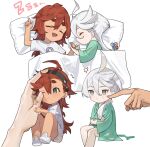  2girls ahoge anger_vein annoyed black_hairband chibi closed_eyes closed_mouth commentary_request cool_(gundam_suisei_no_majo) drooling flying_sweatdrops green_eyes green_shirt grey_eyes gundam gundam_suisei_no_majo hairband highres holding_hands hots_(gundam_suisei_no_majo) jia_ma long_hair long_sleeves mini_person minigirl miorine_rembran multiple_girls one_eye_closed open_mouth pajamas pillow red_hair shirt short_sleeves sitting sleeping suletta_mercury thick_eyebrows under_covers white_footwear white_hair white_shirt yuri zzz 