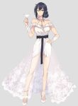  1girl alternate_costume alternate_hairstyle bare_shoulders black_hair breasts cup dress floral_print full_body grey_background hair_between_eyes hand_on_own_hip high_heels holding holding_cup jewelry kasumi_(skchkko) looking_at_viewer necklace one_eye_closed red_eyes simple_background solo standing strapless strapless_dress white_dress white_footwear 