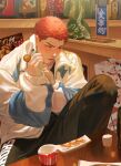  1boy black_pants blue_jacket holding holding_phone jacket jewelry jnkku male_focus multicolored_clothes multicolored_jacket open_mouth pants phone red_hair ring sakuragi_hanamichi short_hair slam_dunk_(series) solo talking_on_phone white_jacket 