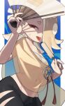  1girl absurdres blonde_hair blue_sky chest_sarashi earrings food groin hachimaki hair_over_one_eye hand_fan headband highres hip_bones jewelry looking_at_viewer navel nejiri_hachimaki outside_border pants popsicle prat_rat red_eyes sarashi see-through shiver_(splatoon) simple_background sky solo splatoon_(series) splatoon_3 stomach suction_cups sweat sweatdrop tentacle_hair tongue tongue_out tooth_earrings torn_clothes torn_pants 