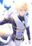  1boy animal_on_shoulder bird bird_on_hand bird_on_shoulder blonde_hair blue_eyes blue_jacket bluebird ensemble_stars! highres idol_clothes jacket jewelry long_sleeves looking_at_viewer lost_philia male_focus multicolored_clothes multicolored_jacket necklace short_hair smile solo teeth tenshouin_eichi white_background white_jacket 