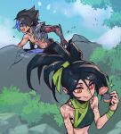  1boy 1girl :d akali bare_shoulders black_hair blue_hair closed_mouth crop_top day green_ribbon hair_ribbon happy holding kayn_(league_of_legends) league_of_legends multicolored_hair navel open_mouth orange_eyes outdoors phantom_ix_row ponytali ribbon shoulder_tattoo single_bare_shoulder single_shoulder_pad smile sparkle tattoo two-tone_hair 