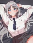  1girl absurdres arms_up black_necktie blue_eyes breasts button_gap collared_shirt commentary_request cowboy_shot facing_viewer grey_hair grey_skirt heavy_breathing highres kamidan large_breasts light_blush long_hair necktie original parted_lips pleated_skirt school_uniform shirt skirt solo white_shirt 