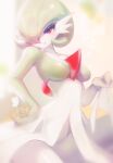  1girl :t absurdres blurry blurry_background blush bob_cut breasts bug butterfly butterfly_on_hand chromatic_aberration collarbone colored_skin commentary cowboy_shot day gardevoir green_hair green_skin hair_over_one_eye half-closed_eyes hand_on_own_hip hand_up heart heart-shaped_pupils highres lifted_by_self looking_at_viewer medium_breasts mei_gushi_de_shen_yue mole mole_under_eye multicolored_skin one_eye_covered pokemon pokemon_(creature) pout red_eyes shiny_skin short_hair solo symbol-only_commentary symbol-shaped_pupils two-tone_skin white_skin 