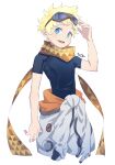  1boy blonde_hair blue_eyes blue_shirt blush bright_pupils cropped_legs fate/grand_order fate_(series) goggles goggles_on_head highres looking_up male_focus open_mouth scarf shirt short_hair spacesuit teeth tetsu_(teppei) upper_teeth_only voyager_(fate) white_pupils yellow_scarf 