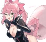  1girl animal_ear_fluff animal_ears black_bodysuit blush bodysuit bow breasts center_opening cleavage fate/grand_order fate_(series) fox_ears fox_girl fox_shadow_puppet fox_tail glasses hair_between_eyes hair_bow highres hip_vent koyanskaya_(assassin)_(first_ascension)_(fate) koyanskaya_(fate) large_breasts long_hair looking_at_viewer one_eye_closed open_mouth pink_bow pink_hair ponytail rizu033 sidelocks smile solo tail tamamo_(fate) yellow_eyes 