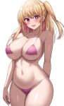  1girl :d absurdres alternate_breast_size arm_behind_back bikini blonde_hair blush breasts colored_inner_hair curvy highres hoshino_ruby jasony large_breasts long_hair looking_at_viewer micro_bikini mismatched_pupils multicolored_hair navel one_side_up open_mouth oshi_no_ko pink_bikini red_eyes simple_background smile solo star-shaped_pupils star_(symbol) stomach swimsuit symbol-shaped_pupils white_background 