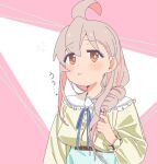  1girl ahoge alternate_costume belt blue_ribbon blush braid brown_eyes commentary flying_sweatdrops frilled_shirt_collar frills grey_hair hair_between_eyes hair_over_shoulder hair_twirling highres long_hair long_sleeves multicolored_hair neck_ribbon onii-chan_wa_oshimai! oyama_mahiro pink_background pink_hair puffy_long_sleeves puffy_sleeves ribbon shirt simple_background single_braid solo two-tone_hair upper_body walnut_gr0717 white_background yellow_shirt 