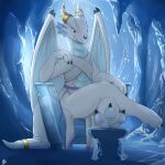  1:1 2023 absurd_res anthro blue_body clothed clothing crossed_legs detailed_background digital_media_(artwork) dragon hi_res horn ice louart membrane_(anatomy) membranous_wings signature sitting smile solo white_body wings 