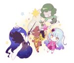  4girls blindfold blue_hair bow bowtie cape chibi closed_eyes constellation_print dress floating_hair gauntlets gradient_dress gradient_hair green_hair green_shirt hammer highres holding holding_hammer holding_sword holding_wand holding_weapon king_of_greed knight_of_despair library_of_ruina lobotomy_corporation long_hair long_sleeves mask_over_one_eye multicolored_clothes multicolored_dress multicolored_hair multiple_girls pink_bow pink_bowtie pink_dress pink_footwear project_moon queen_of_hatred servant_of_wrath shirt shoes simple_background single_gauntlet sleeveless sleeveless_dress smile strapless strapless_dress sword two_side_up very_long_hair wand weapon white_background white_cape white_hair y_o_u_k_a yellow_eyes 