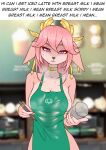  anthro apron apron_only bodily_fluids canid canine choker clothing coffee_shop container cup ear_piercing ears_down english_text eyebrow_through_hair eyebrows female fox fur genshin_impact glass green_apron hair haxxyramdhan headgear hi_res holding_container holding_cup holding_object holding_pen i_mean_breast_milk jewelry mammal mashakseh meme mihoyo milk mostly_nude necklace pen piercing pink_body pink_fur pink_hair pivoted_ears purple_eyes repeated_dialogue repeated_text solo sweat sweatdrop text translucent translucent_hair yae_miko 
