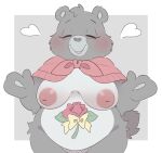  &lt;3 anotherbearsimp anthro areola bear biped blush breasts care_bears eyes_closed female front_view fur grams_bear grey_body grey_fur hi_res mammal nipples simple_background smile solo tattoo white_body 