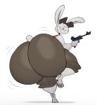  anthro big_butt bottomwear butt clothing cosplay gun hat headgear headwear hi_res holding_gun holding_object holding_weapon huge_butt hyper hyper_butt lagomorph leporid looking_back male mammal max_(sam_and_max) on_one_leg pants rabbit ranged_weapon sam_and_max schplingnops scout_(team_fortress_2) smile solo standing team_fortress_2 valve weapon white_body 