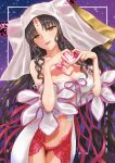  1girl absurdres bare_shoulders black_hair breasts chest_tattoo cleavage collarbone commentary_request dress facial_mark fate/extra fate/extra_ccc fate_(series) forehead_mark heart heart_hands highres horns large_breasts long_hair long_sleeves looking_at_viewer navel open_mouth parted_bangs pink_thighhighs sessyoin_kiara smile solo tattoo thighhighs thighs torasaki veil very_long_hair wavy_hair white_dress wide_sleeves yellow_eyes 