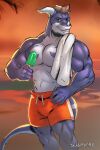  2023 anthro brown_hair clothing dragon food green_eyes hair hi_res horn kuro_rex looking_at_viewer male muscular muscular_male popsicle scrappyvamp shirtless_male solo swimming_trunks swimwear towel 