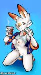  2019 anthro areola beverage biped bottomless bottomless_female breasts brown_markings buckteeth cheek_tuft chest_tuft clothed clothing coffee dipstick_ears english_text facial_markings facial_tuft female front_view generation_8_pokemon genitals gesture green_eyes head_markings hi_res holding_beverage holding_object jacket kneeling looking_aside machinewithsoul markings mostly_nude multicolored_ears navel nintendo nipples pink_nose pokemon pokemon_(species) pubes pussy scorbunny shirt shirt_up simple_background small_breasts smile solo steam tank_top teeth text text_on_container toeless_(marking) topwear tuft v_sign white_body white_clothing white_shirt white_tank_top white_topwear 