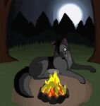  2011 aliasing ambiguous_gender black_body black_fur bluekyokitty campfire canid canine canis cel_shading detailed_background digital_drawing_(artwork) digital_media_(artwork) digitigrade eyebrows feral fire fur grass green_eyes grey_body grey_fur head_tuft lying mammal moon night outside paws plant sebdoggo shaded solo tree tuft wolf 