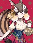  1girl animal_ears brown_eyes brown_hair chipmunk_ears chipmunk_girl chipmunk_tail dress extra_ears hair_ornament highres jewelry kanmoku-san kemono_friends looking_at_viewer necklace red_background ribbon short_hair siberian_chipmunk_(kemono_friends) simple_background skirt smile solo tail 