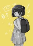  1girl backpack bag blush c_(theta) greyscale_with_colored_background highres idolmaster idolmaster_million_live! light_smile looking_at_viewer looking_back nakatani_iku one_side_up patterned_clothing randoseru short_hair solo yellow_background 