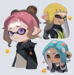  1boy 2girls absurdres black_sweater blonde_hair blue_hair blush brown_headband closed_eyes emoji fang green_eyes headband heart highres inkling inkling_boy inkling_girl multiple_girls octoling octoling_girl one_eye_closed open_mouth pointy_ears puchiman purple_eyes red_hair short_hair signature simple_background splatoon_(series) sweater tears teeth tongue tongue_out two-tone_sweater upper_teeth_only white_background white_sweater 