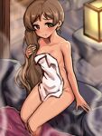 1girl arm_at_side blurry blurry_background blush breasts brown_eyes brown_hair closed_mouth collarbone from_above hand_in_own_hair hand_up handa_roco highres idolmaster idolmaster_million_live! lantern legs_together long_hair looking_at_viewer looking_up naked_towel nude onsen rock sitting small_breasts smile soaking_feet solo steam towel very_long_hair water wavy_hair yahankkwo 