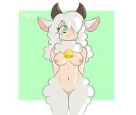  2023 absurd_res anthro bell biddoboss bovid breasts caprine female freckles fur genitals green_eyes hi_res horizontal_pupils horn light lighting mammal navel nipples nude one_eye_obstructed pupils pussy sheep simple_background solo white_body white_fur white_wool wool_(fur) wool_hair 