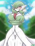  1girl :&lt; artist_name ass_visible_through_thighs blue_sky blurry blurry_background blush bob_cut breasts breath closed_mouth cloud collarbone colored_skin commentary_request cowboy_shot crossed_arms day gardevoir grabbing_own_breast green_hair green_skin hair_over_one_eye half-closed_eyes heart heavy_breathing highres kirichiya_desune large_breasts looking_down multicolored_skin narrow_waist no_pussy nose_blush one_eye_covered outdoors pokemon pokemon_(creature) red_eyes short_hair signature sky solo split_mouth spoken_heart standing sweat thighs translation_request tree trembling two-tone_skin white_skin wide_hips 