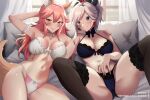  2girls animal_ear_fluff animal_ears arm_behind_head arm_garter arm_up armband armpits arms_up bed bed_sheet bedroom belly black_thighhighs blue_eyes blush bow breasts cameltoe choker cleavage collar collarbone curtains curvy detached_collar earrings eyelashes fate/extra fate/grand_order fate/samurai_remnant fate_(series) fingernails fox_ears fox_girl fox_tail groin hair_ornament highleg highres indoors jewelry kitsune large_breasts lingerie long_hair looking_at_viewer lying midriff miyamoto_musashi_(fate) multiple_girls narrow_waist naughty_face navel on_bed open_mouth pillow pink_hair ponytail presenting presenting_armpit revealing_clothes seductive_smile shiny_skin short_hair sidelocks smile spread_legs stomach swept_bangs tail take_your_pick tamamo_(fate) tamamo_no_mae_(fate/extra) thick_thighs thighhighs thighs twitter_username underwear white_hair wide_hips window xkzan yellow_eyes 