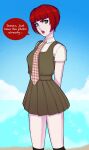  1girl :o absurdres angry arms_behind_back black_socks blue_sky blunt_bangs bob_cut breasts cloud collared_shirt commentary cumulonimbus_cloud danganronpa_(series) danganronpa_2:_goodbye_despair day dress dress_shirt english_commentary english_text eyelashes feet_out_of_frame freckles from_side furrowed_brow gingham_necktie green_dress green_eyes highres kneehighs koizumi_mahiru lips looking_at_viewer looking_to_the_side medium_breasts necktie ocean open_mouth outdoors pinafore_dress pleated_dress red_hair red_necktie school_uniform shirt short_hair short_sleeves sky sleeveless sleeveless_dress socks solo sparkle speech_bubble standing talking teeth thick_eyebrows tulipsie-art two-tone_necktie upper_teeth_only white_necktie white_shirt 