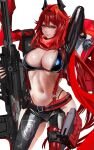  1girl arm_up breasts bullpup goddess_of_victory:_nikke gun hair_ornament highres holding holding_gun holding_weapon kyel_hyde large_breasts latex long_hair looking_at_viewer navel red_hair red_hood_(nikke) red_scarf revealing_clothes rifle scarf simple_background skin_tight sniper_rifle solo stomach weapon white_background yellow_eyes 