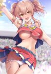  1girl :d arm_up armpits ass_visible_through_thighs blue_sky blush breasts cheering cheerleader cloud collarbone crop_top day hair_between_eyes hair_ribbon highres holding holding_pom_poms idolmaster idolmaster_cinderella_girls jougasaki_mika large_breasts lips long_hair looking_at_viewer midriff mk_(mod0) navel no_bra open_mouth outdoors panties pink_hair pleated_skirt pom_pom_(cheerleading) pubic_hair ribbon side-tie_panties skirt sky sleeveless smile stadium teeth twintails underwear upper_teeth_only white_panties yellow_eyes 
