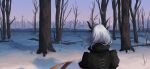  1girl absurdres ahoge arknights bare_tree black_dress dress evening facing_away forest from_behind grey_hair grey_sky highres nature outdoors sky solo talulah_(arknights) tree winter yuec202108 