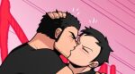  2boys bara beard_stubble black_hair blush carrying character_request closed_eyes cropped hand_in_another&#039;s_hair head_grab implied_sex kiss lucas_lee male_focus multiple_boys muscular muscular_male muscular_uke notice_lines pink_background princess_carry scott_pilgrim_(series) short_hair sideburns thick_eyebrows torogao vvulfbara yaoi 