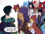  3girls 4boys ahri_(league_of_legends) androgynous angry animal_ears aphelios artist_name bare_shoulders black_hair brown_cape brown_gloves cape clenched_teeth colored_skin earrings ears_through_headwear english_text fingerless_gloves fox_ears fur-trimmed_cape fur_trim gloves grey_skin hair_between_eyes highres hood hood_down hood_up hooded_cape horns hwei_(league_of_legends) jewelry league_of_legends long_hair long_sleeves magic multicolored_hair multiple_boys multiple_girls muscular muscular_male nail_polish odeko_yma off_shoulder ponytail rakan_(league_of_legends) red_cape red_hair red_nails sett_(league_of_legends) short_hair single_horn soraka_(league_of_legends) speech_bubble standing teeth two-tone_hair white_background xayah 