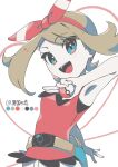  1girl :d armpits blue_eyes bow brown_hair fanny_pack hair_bow highres holding holding_poke_ball looking_at_viewer may_(pokemon) omochi_(omotimotittona3) open_mouth poke_ball pokemon pokemon_(game) pokemon_oras red_bow red_shirt shirt sleeveless sleeveless_shirt smile solo teeth upper_body upper_teeth_only 