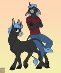  anthro asinus black_body black_fur blue_hair clothed clothing donkey equid equine feral foxenawolf fur gradient_background hair hooves horn male mammal simple_background solo tail tail_tuft tuft ungulate_anthro unicorn_horn 