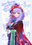  artist_name blue_bow blue_flower blue_hair blue_rose blush bow brown_eyes character_name dated flower from_side hair_bow hair_flower hair_ornament hand_on_own_chest happy_birthday highres ichigo_jam japanese_clothes kimono looking_to_the_side macross macross_delta mikumo_guynemer multicolored_hair purple_bow purple_hair red_flower red_kimono red_rose rose streaked_hair 