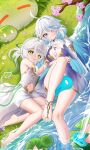  2girls absurdres barefoot blue_eyes blue_hair blush cosplay feet focalors_(genshin_impact) focalors_(genshin_impact)_(cosplay) furina_(genshin_impact) genshin_impact grass green_eyes highres jndfh light_blue_hair long_hair looking_at_viewer multiple_girls nahida_(genshin_impact) nail_polish open_mouth outdoors smile toenail_polish toenails toes water white_hair 