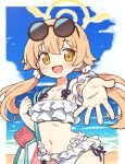  1girl :d bag beach bikini blue_archive blue_hair blue_sky blush breasts cleavage cloud collarbone commentary_request cowboy_shot eyewear_on_head frilled_bikini frills halo hifumi_(blue_archive) hifumi_(swimsuit)_(blue_archive) light_blue_hair looking_at_viewer low_twintails multi-strapped_bikini_bottom navel ocean official_alternate_costume onyhakase open_mouth reaching reaching_towards_viewer round_eyewear shoulder_bag side-tie_bikini_bottom sky small_breasts smile solo sunglasses swimsuit twintails white_bikini yellow_eyes yellow_halo 