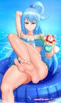  1girl aqua_(konosuba) arm_up armpits artist_name barefoot bikini blue_bikini blue_eyes blue_hair breasts closed_mouth collarbone commentary convenient_leg english_commentary feet foot_out_of_frame foot_up hair_between_eyes hair_rings highres holding knee_up kono_subarashii_sekai_ni_shukufuku_wo! leaning_back legs long_hair looking_at_viewer medium_breasts nail_polish on_innertube outdoors patreon_logo patreon_username pink_nails seishinashi shiny_skin single_hair_ring soles solo splashing strap_slip swimsuit thighs toenail_polish toenails toes twitter_logo twitter_username water 