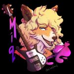  1:1 ambiguous_gender anthro black_background blonde_hair blue_eyes brown_nose bust_portrait canid cheek_tuft facial_tuft fangs fur guitar hair hi_res lionfloof looking_at_viewer mammal musical_instrument open_mouth open_smile orange_body orange_fur plucked_string_instrument portrait red_tongue shoulder_tuft signature simple_background smile solo string_instrument teeth tongue tuft white_body white_fur 