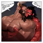  2boys abs axe_(dota) bara beard black_hair bradwarden colored_skin dark-skinned_male dark_skin demon_boy dota_(series) dota_2 english_text facial_hair grabbing heads_together highres horns interspecies large_hands large_pectorals long_beard looking_back male_focus mature_male multiple_boys muscular muscular_male nipples no_pupils nude pectoral_grab pectorals puckered_lips reach-around red_skin short_hair sweat tooboshoo turning_head upper_body yaoi 