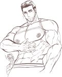  ! 2boys abs bara blush chamma_yohani chris_redfield facial_hair greyscale hand_on_own_chest highres large_pectorals looking_at_another male_focus monochrome multiple_boys muscular muscular_male navel nipples pectorals piers_nivans resident_evil resident_evil_6 short_hair topless_male 
